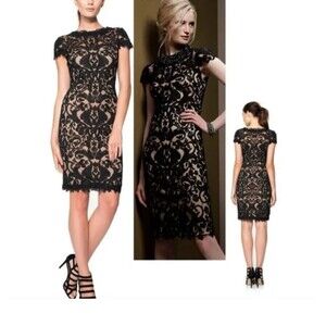 Tadashi Shoji Size 12  Black Lace Cocktail Dress Cap Sleeve Embroidered Tulle